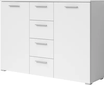 A white sideboard with drawers and doors.