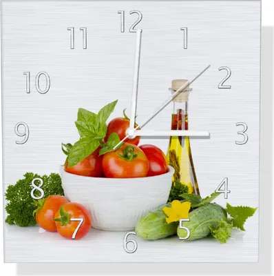 Produktbild von Wallario Design Wanduhr Frische Salatzutaten mit Kräuter-Öl - Tomaten, Gurke, Petersilie aus Aluverbund, Größe 30 x 30 cm