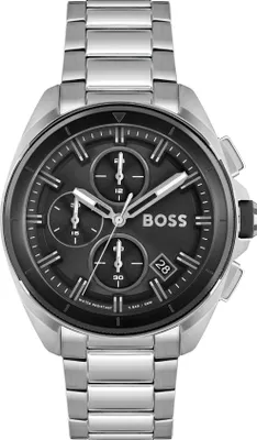 A close-up studio shot of a Hugo Boss analog watch with a black dial and silver metal band.