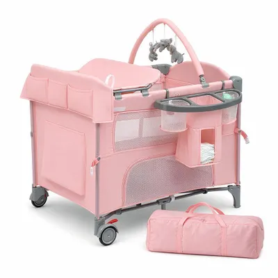 Produktbild von FCH 5‑in‑1 Baby Reisebett klappbar, multifunktionales Babybett als Beistellbett, Laufstall, Wickeltisch & Reisebett, mit Moskitonetz,Rosa