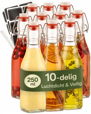 10 Glasflaschen 250ml eckig mit Bügelverschluss + Dichtungen + Etiketten