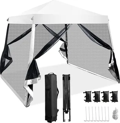 Obrázek produktu pro 3 x 3 m Pop-up pavilon s moskytiérou a 3 nastavitelnými výškami, zahradní pavilon s kovovým rámem, odnímatelnými bočními panely a taškou na přenášení, párty stan s UV ochranou pro festival, párty (bílý)
