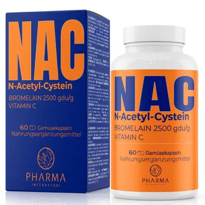 Obrázek produktu pro NAC 600 mg, kapsle s vysokou dávkou – 60 veganských kapslí – s bromelainem (2500 GDU/g) a vitamínem C. 1 kapsle denně. Zásoba na 60 dní