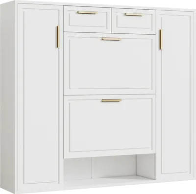 Immagine prodotto di okwish Scarpiera con ripiani regolabili, cassettiera con maniglie dorate, scarpiera con 2 cassetti e 2 ante, bianco