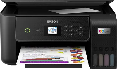 A multifunction printer is shown from the front, with a document partially printed.