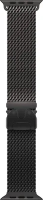 A close-up studio shot of a black Milanese loop watch band.