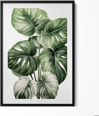 Produktbild von Bemalte Monstera-Blätter– Wandbild mit Rahmen – Gerahmtes Bild  – Wanddekoration – 70x100 cm –  Schwarz Rahmen