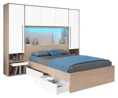 Produktbild von Bett mit Stauraum 140 x 190 cm mit LED-Beleuchtung - Holzfarben & glänzend weiß - VELONA