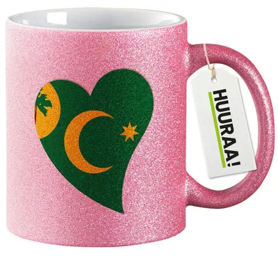 Produktbild von Huuraa Glitzertasse Kokosinseln Flagge Herz 330ml Pink Keramik Kaffeebecher Geschenkidee