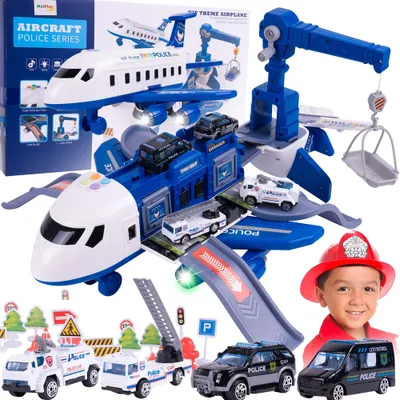 Produktbild von MalPlay Großes Polizeiflugzeug Kran Faltparkplatz Fahrzeuge 65cm Ton und Licht Kinder ab 3 Jahren