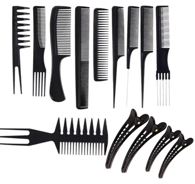 Produktbild von Haarkamm Friseurkamm Kamm-Set - 10 Stück + 4 Haarklemmen - Antistatisch - Schwarz