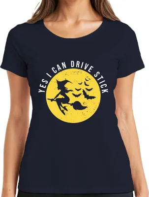 Zdjęcie produktu dla Koszulka damska YES I CAN DRIVE STICK Witch Broom Moon Halloween Bat Grunge, granatowy, S