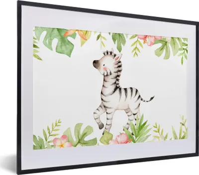 Produktbild von MuchoWow® MuchoWow® Gerahmtes Poster Zebra - Blumen - Dschungel - Aquarell 40x30 cm - Poster mit zchwarzem Bilderrahmen - Bilderrahmen - Poster im Rahmen