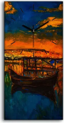 Produktbild von Wanduhr Uhr Wandbild Leinwand Geräuschlos 30x60 Boote Wasser Nacht Brücke Himmel - schwarze Hände