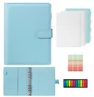 Produktbild von Ringbuch A5 Nachfüllbar Kunstleder Hellblau mit 135 Blatt und Bindertaschen