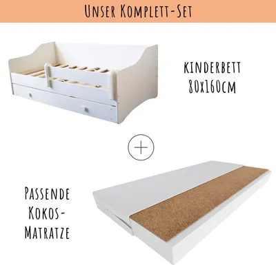 Produktbild von Kinderbett Jugendbett 80x160 mit Matratze Rausfallschutz & Schublade | Kinder Sofa Couch Bett umbaubar weiß