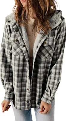 Image de ASKSA Femme Veste d'hiver à carreaux Oversize Manches Longues Hiver Chaud Doublé avec Boutons Capuche Vestes Casual (Gris Foncé,S)