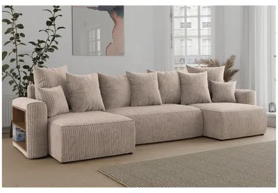 Produktbild von MEBLINI Schlafcouch mit Bettkasten - 312x142x73cm - Beige Cordstoff - Solaria - Ecksofa mit Schlaffunktion - Sofa mit Relaxfunktion und Kopfstützen - Couch U-Form - Eckcouch - Wohnlandschaft