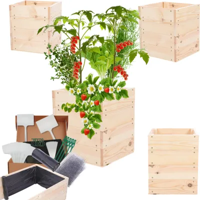 Produktbild von MODO24 Hochbeet Holz, Pflanzkasten, Massivholz, Kiefer, Kräuterbeet, Blumenkasten, Garten, Terrasse, 36x33x30 cm, Natur, ZP06