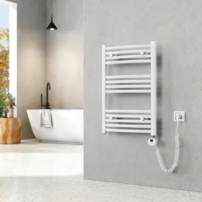 Obrázek produktu pro Elektrický koupelnový radiátor EMKE Elektrický koupelnový radiátor se zakřivením a termostatem, sušák na ručníky s topnou tyčí, bílý, 75x50cm, 292W