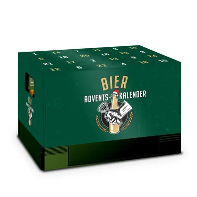 A green advent calendar box for beer, with numbers printed on the top and a graphic of a hand opening a beer bottle on the front.