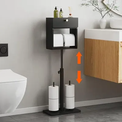 Productafbeelding van Toiletpapierhouder Vrijstaand - Papierrolhouder Badkamer - Badkamer Organiseren - Verstelbare Hoogte - Opslag 6 Rollen - Zwart