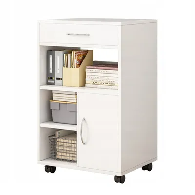 A white rolling storage cabinet with shelves, a drawer, and a door, filled with office supplies and books.