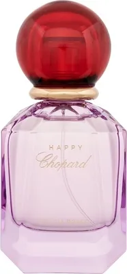 A perfume bottle with a red cap and a purple glass bottle.