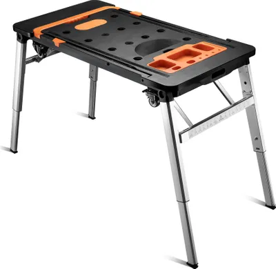 Produktbild von Wiltec 7 in 1 Werkbank 108,5 x 55 x 52 cm bis max. 250 kg vereint Sägebock, Gerüst, Arbeitsplattform, Rollbrett, Transportwagen und Sackkarre