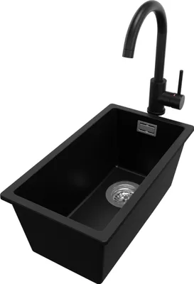Produktbild von PRIMAGRAN Granitspüle Schwarz 26x47cm, Spülbecken 1 Becken + Küchenarmatur 32x20cm + Ablauf-Set, Küchenspüle ab 30er Unterschrank - London Slim