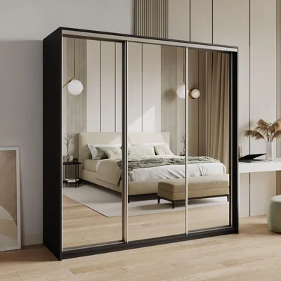 Produktbild von Masseno Schiebetürenschrank RIEN 180/205/60 cm Kleiderschrank mit 4 Schubladen Schlafzimmer Schrank 3-türig mit Spiegel Schwarz