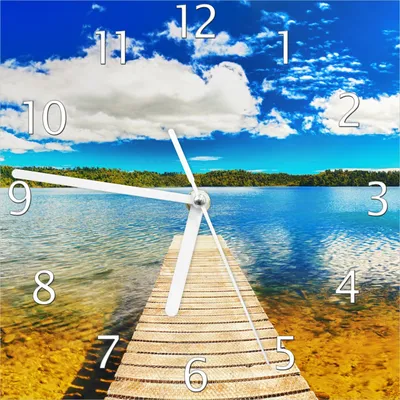 Produktbild von Wallario Design Wanduhr Klarer See mit Steg - Blauer Himmel aus Echtglas, Größe 20 x 20 cm