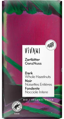 Productafbeelding van Vivani Chocolade Puur met Hele Hazelnoten  (100 gr)