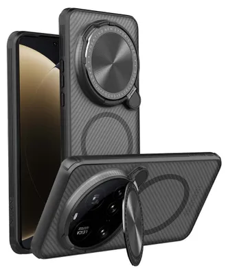 Two phone cases are shown, one standing upright and the other lying on its side, showcasing the back of the phone case with its camera module and ring holder.