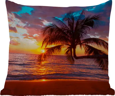 Produktbild von MuchoWow® Outdoor Kissen - Palme - Sonnenuntergang - Strand - Meer - Horizont - 40x40 cm - Wetterfest - Lounge Kissen - Kopfkissen - Interieur - Polster mit Bild