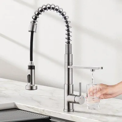 Produktbild von dreidrahtige Spiralarm-Mischkran für die Küche, ausziehbare Duscharmatur, Küchenkran für Osmose-Anlage und Wasserfilter, gebürstet aus Edelstahl