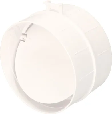 A white plastic ventilation pipe connector with a built-in backdraft damper.
