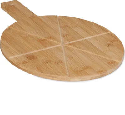 Image de Plateau à pizza Relaxdays, en bambou, Ø 30 cm, plateau de service pour fromages, pizzas et fruits, planche à découper avec poignée, ronde, couleur naturelle