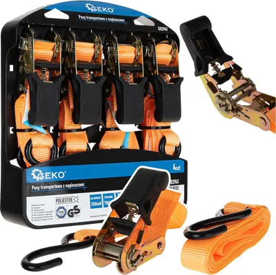 Obrázek produktu pro GEKO Pás upínací ráčnový, s háky, 25 mm × 4,5 m, 700 kg, sada 4 ks - G03941