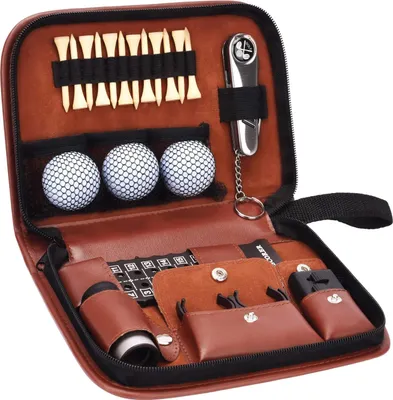 Produktbild von Golfgeschenke für Damen und Herren, Golfzubehör-Set mit hochwertigem Koffer, Golfbällen, Entfernungsmesser, Golf-Tees, Bürste, Multifunktions-Divotmesser, Scorekarte, Golfballklemme