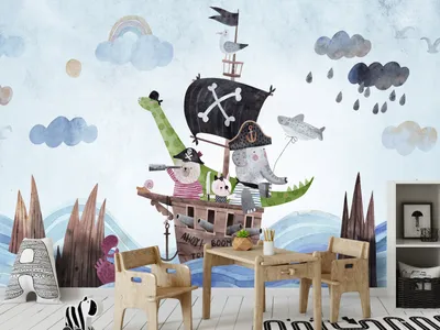 Produktbild von Vlies Fototapete für Kinder 350x256 cm Tapeten Wandtapete XXL Tiere Piraten Meer Schiff e-C-10003-a-a