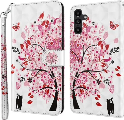 Produktbild von CLM-Tech Hülle kompatibel mit Samsung Galaxy A54 5G - Tasche aus Kunstleder - Klapphülle mit Ständer und Kartenfächern, Baum rosa weiß