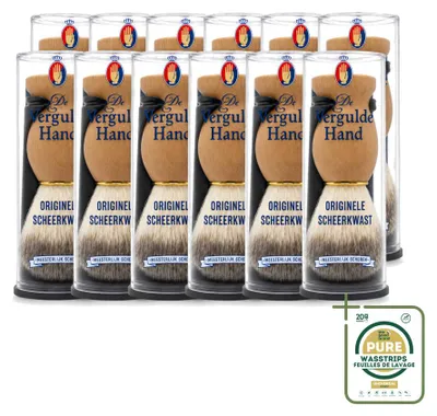 Productafbeelding van 12 x Goudkleurige scheerkwast met houder - Verpakking met 12 stuks