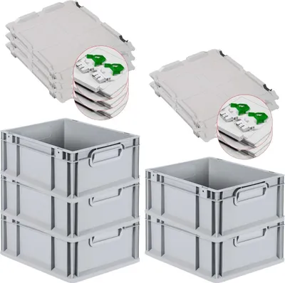 Produktbild von SuperSparSet 5x Eurobox NextGen Grip mit Scharnierdeckel und grünen Schiebeschnappverschlüssen | HxBxT 17x30x40cm | 16 Liter | Grau | Griffe geschlossen | Glatter Boden | Eurobehälter, Transportbox, Transportbehälter, Stapelbehälter