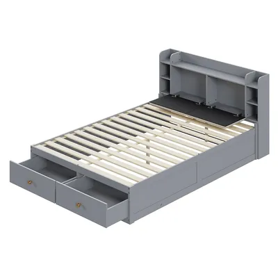 Obrázek produktu pro LVHOM dřevěná postel 140x200cm s příborníkem a nočním stolkem, manželská postel s příborníkem a zásuvkami, postel pro mladé s roštovým rámem, borovicová postel, šedá barva