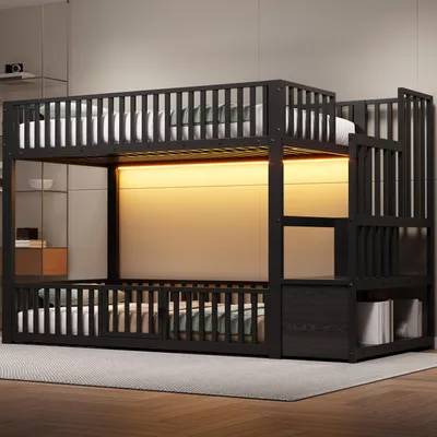 Immagine prodotto di Letto a castello 90x200 cm, con illuminazione a LED, con spazio contenitivo, con scaletta, con letto a scomparsa, con testiera imbottita, colore nero