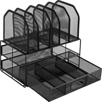 Productafbeelding van Amazon Basics bureauorganizer van metalen gaas, met lade, dubbele opbergruimte en 5 verticale compartimenten, zwart
