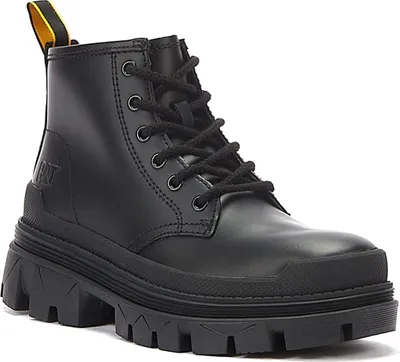 A black Caterpillar boot is shown against a white background.