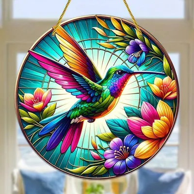 Produktbild von GKA XL Sonnenfänger Kolibri mit Lotus 20 cm Buntglas Lichtfänger Fensterbild Fenster Fensterschmuck Fensterdeko