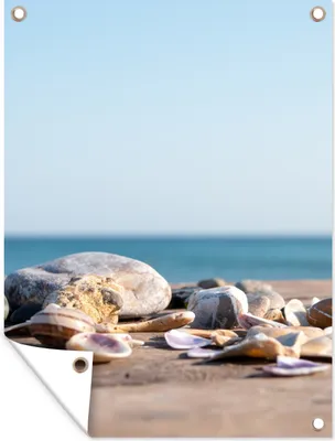 Produktbild von MuchoWow® 90x120 cm Outdoor-Poster Gartendeko Sichtschutz Garten Poster für den Garten  Muscheln - Strand - Meer - Sommer - Sonne